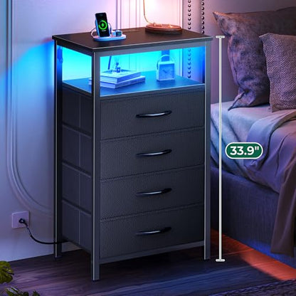 Huuger Night Stand with Charger Station and LED Lights, 4 Drawer Nightstand, Bed Side Table with Open Shelf, End Table, Fabric Dresser for Bedroom, Black - color: Black, size: 11.8"D x 15.7"W x 33.9"H（4 Drawers）