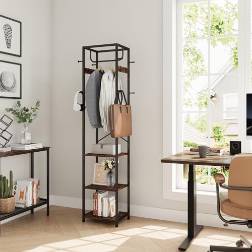 ELYKEN Coat Rack Freestanding, Hall Tree with 3 Storage Shelves and 12 Hooks, Industrial Clothes Rack Stand Organizer for Bedroom, Hallway, Entryway, Office, Living Room, Rustic Brown - color: Rustic Brown