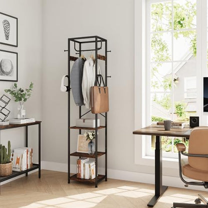 ELYKEN Coat Rack Freestanding, Hall Tree with 3 Storage Shelves and 12 Hooks, Industrial Clothes Rack Stand Organizer for Bedroom, Hallway, Entryway, Office, Living Room, Rustic Brown - color: Rustic Brown