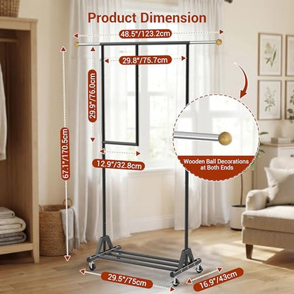 Rolling Clothing Rack with Bottom Storage Shelf & lockable Casters, Multi-tier Retractable Sturdy Garment Rack for Hanging Coats, Dresses - Ideal for Bedroom, Closet & Laundry Room ( Taller version ) - color: Multi-tier (67.3 H")