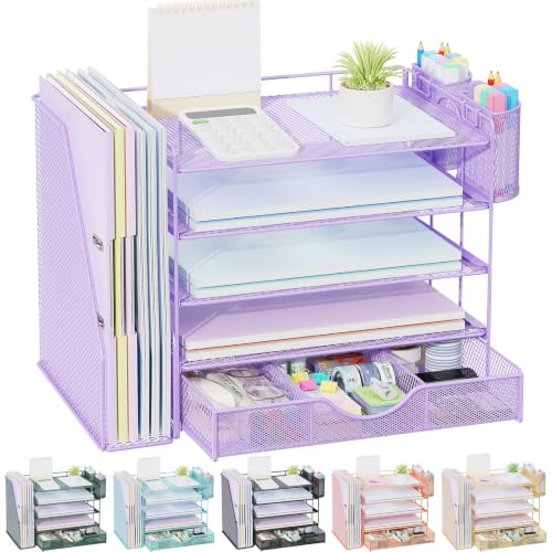 gianotter 5-Tier Desk Organizer with Drawers and File Holders | Letter Trays and Pen Holders - Workspace Accessories for Office Supplies (Light Purple) - color: Light Purple, size: 5T