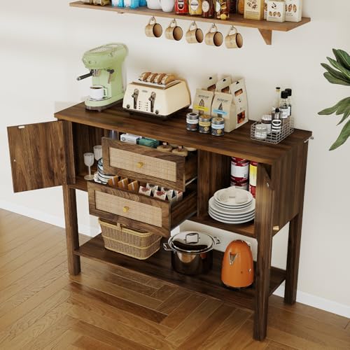 YOSHOOT Rattan Console Table with Storage, Entryway Table with 2 Doors & 2 Drawers, Farmhouse Coffee Bar for Kitchen, Living Room, and Entryway, Walnut - color: Walnut