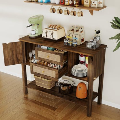 YOSHOOT Rattan Console Table with Storage, Entryway Table with 2 Doors & 2 Drawers, Farmhouse Coffee Bar for Kitchen, Living Room, and Entryway, Walnut - color: Walnut