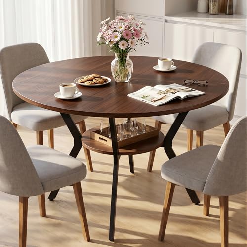 Miereirl 42.13" Round Dining Table for 4, Modern Kitchen Table with Open Storage Shelf, Wood Dining Table for Dining Room, Apartment, Small Spaces - color: Walnut