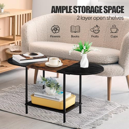 Coffee Tables for Living Room,Mid Century Small Oval Center Table with 2-Tier Storage Shelf and Wood Tabletop,Farmhouse Narrow Cocktail Tea Table for Small Space,Apartment,Black Brown - color: Black Brown