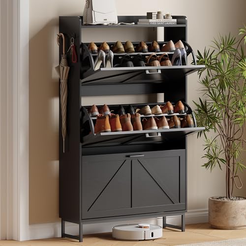 Xixini Shoe Storage Cabinet with 3 Flip Drawers, Entryway Shoe Rack, Black | Narrow Slim Shoe Storage, Freestanding Hidden Wood Shoe Organizer, Modern Farmhouse, Open Storage & Hooks for Closet, Hallway - color: Black, size: 3 Flip Drawers