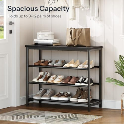 HOOBRO Shoe Rack with 3 PU Shelves, 4-Tier Shoe Storage Organizer for Closet and Entryway, Holds 9-12 Pairs of Shoes, Sturdy Metal Frame, Small Spaces, Rustic Brown and Black BF94XJ01