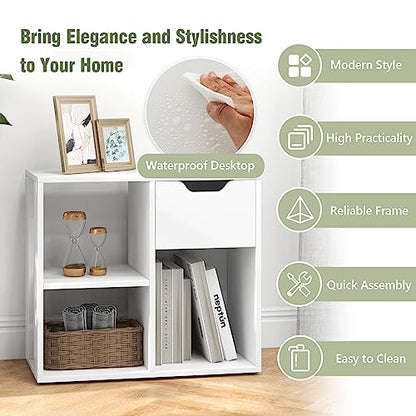 Giantex 3 Cube Bookcase with Drawer, 2 Tier Bookshelf for Small Space, Modern Freestanding Display Rack with Open Shelves, White Book Case, Wood Cube Storage Organizer Bedroom Living Room, 2 Pack - color: White