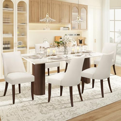 Upholstered Dining Chairs Set of 6, Mid Century Modern Kitchen Chairs with Back, Farmhouse Fabric Side Dining Room Chairs with Wood Legs for Dining Room Restaurant, Beige - color: Beige, size: Set of 6