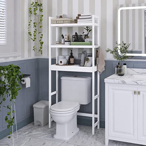 SMIBUY Bathroom Storage Shelf, Bamboo Over-The-Toilet Organizer Rack, Freestanding Toilet Space Saver with 3-Tier Adjustable Shelves (White) - color: White
