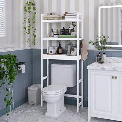 SMIBUY Bathroom Storage Shelf, Bamboo Over-The-Toilet Organizer Rack, Freestanding Toilet Space Saver with 3-Tier Adjustable Shelves (White) - color: White