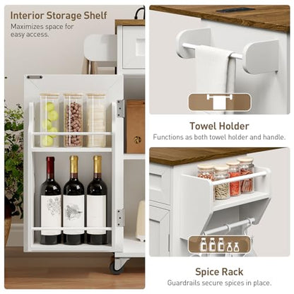 RALGEND Kitchen Island with Storage, Kitchen Rolling Island on Wheels with Power Outlet & Drop Leaf, Kitchen Island Cart with Drawer and Spice Rack, Mobile Island Table for Kitchen,White and Walnut