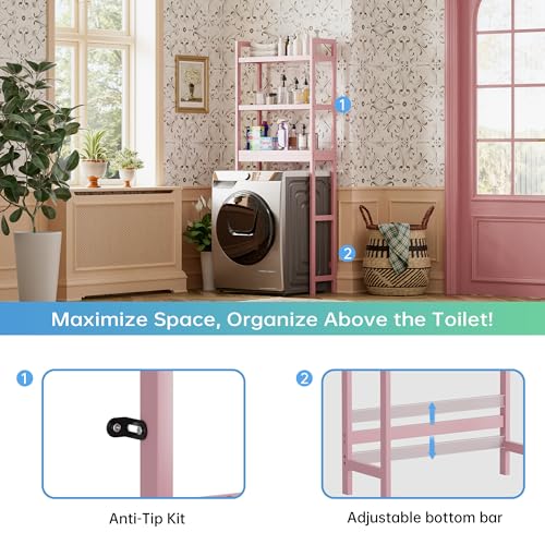 SMIBUY Bathroom Storage Shelf, Bamboo Over-The-Toilet Organizer Rack, Freestanding Toilet Space Saver with 3-Tier Adjustable Shelves (Pink) - color: Pink
