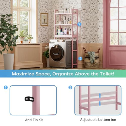 SMIBUY Bathroom Storage Shelf, Bamboo Over-The-Toilet Organizer Rack, Freestanding Toilet Space Saver with 3-Tier Adjustable Shelves (Pink) - color: Pink