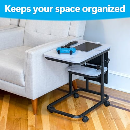 C Shaped End Table with Charging Station, Adjustable Height with Lockable Wheels & Storage Pouch, Rolling Side Table Slide Under Couch Laptop Desk, Small Sofa Table for Living Room (Large) - size: Large