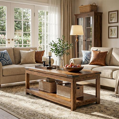 Homieasy 43.3” Rectangular Coffee Table with Storage Shelf, Rustic Brown | Farmhouse Wood Center Table for Living Room, Modern Black Tea Table with Open Shelf - color: Rustic Brown