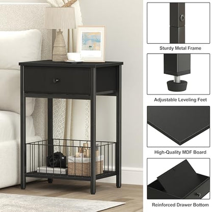 Small nightstand, Bed Side Tables Bedroom, Black Side Table, end Table with Drawer, one Drawer nightstand, Black end Table LNT0061BK - color: Black