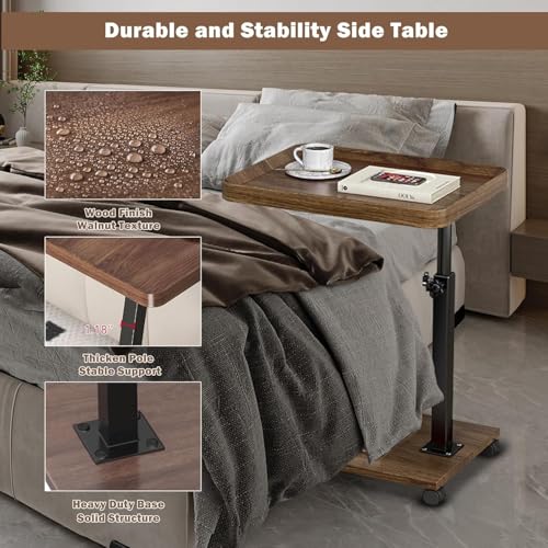 Modern C Shaped Tables Adjustable Height, 360° Swivel Bed End Tables with Wheels, Small Side Table for Couch Living Room (Walnut Color) - color: Walnut