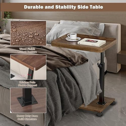 Modern C Shaped Tables Adjustable Height, 360° Swivel Bed End Tables with Wheels, Small Side Table for Couch Living Room (Walnut Color) - color: Walnut