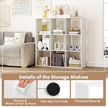 9 Cube Storage Organizer, Floor Standing Bookcase with Open Compartments, Wooden Display Rack for Living Room, Bedroom, Study, White Bookshelf with Open Back (1, 9 Cubes) - size: 9 Cubes