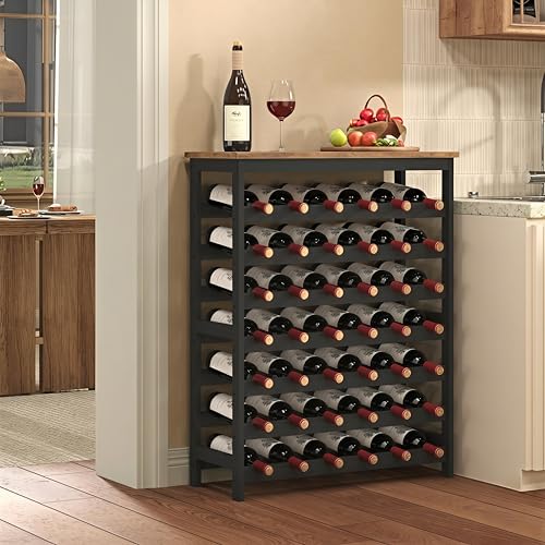 42 Bottles Wine Rack Freestanding Floor, Brown Table Top, Kitchen Cellar - color: Rustic Brown and Black