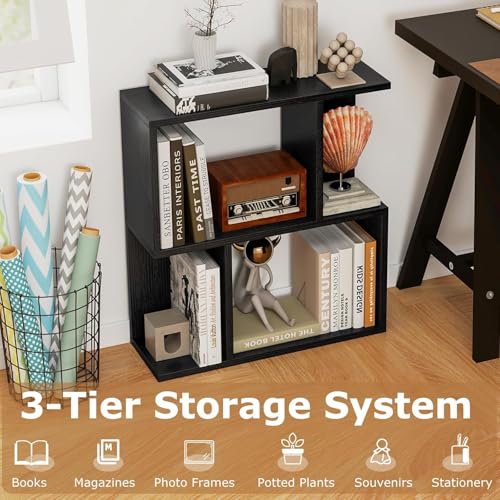 22’’ H Geometric Bookshelf, 2-Tier S-Shaped Floor Bookcase, Freestanding Open Display Book Shelf for Small Spaces, Low Side Table for Living Room & Bedroom (1, Black) - color: Black