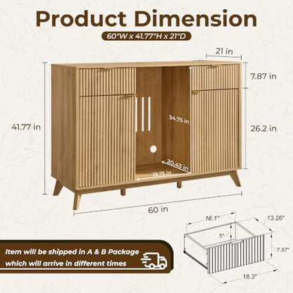 OKD 60" Fluted Coffee Bar Cabinet with Mini Fridge Space, Natural Oak | Mini Fridge Compatible, Built In Charging Station, 3 Stemware Racks, 2 Drawers, 2 Cabinets, Home Bar Cabinet Storage - color: Natural Oak