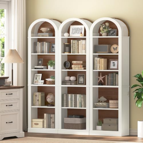 RALGEND Arched Bookshelf, 75.8" Tall Narrow Bookshelf, Arch Bookcase with Storage, 6-Tier Farmhouse Book Shelf, Wooden Arched Cabinet with Open Display Shelves, Adjustable Shelf, Walnut and White - color: White + Walnut, size: 18.9"L x 11.8"W x 75.8"H