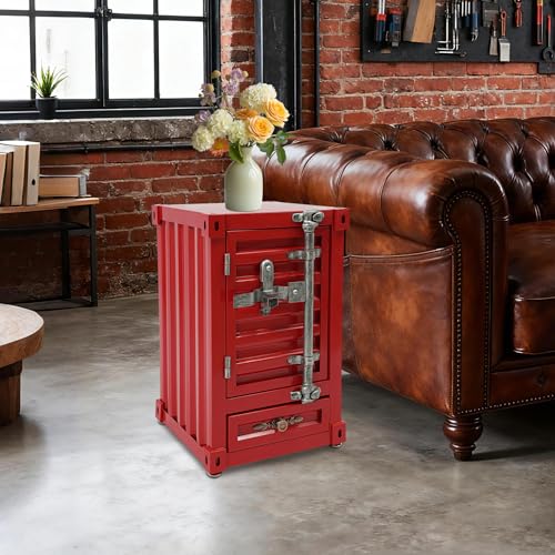 Industrial Shipping Container Cabinet, 3-Tier Nightstand with Drawers, End Tables Bedside Table Container Style Locker Wrought, Retro Style Metal Container Cabinet for Bar, Bedroom, Garage (Red) - color: Red