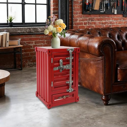 Industrial Shipping Container Cabinet, 3-Tier Nightstand with Drawers, End Tables Bedside Table Container Style Locker Wrought, Retro Style Metal Container Cabinet for Bar, Bedroom, Garage (Red) - color: Red