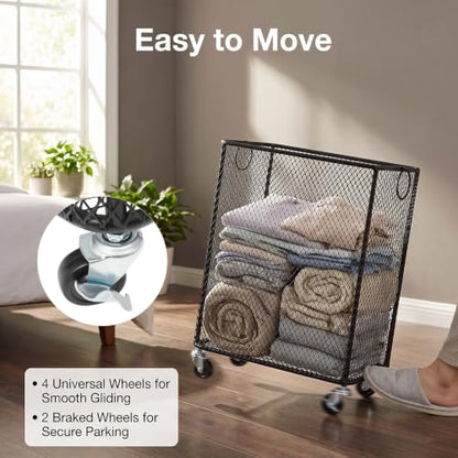 Metal Laundry Basket Cart, Rolling Laundry Hamper with Wheels, Freestanding Square Mobile Storage Cart, Raised Bottom, Round Handles, Hollow Mesh (Black, 16.9x9x17.7in) - color: Black, size: 16.9x9x17.7in