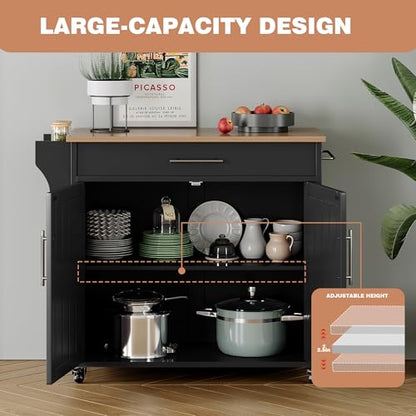 Kitchen Island with Storage, Wooden Countertop Rolling Kitchen Island On Wheels Storage Cabinet, Mobile Kitchen Island Cart with Towel Rack, Spice Rack and Drawers,Black - color: Black