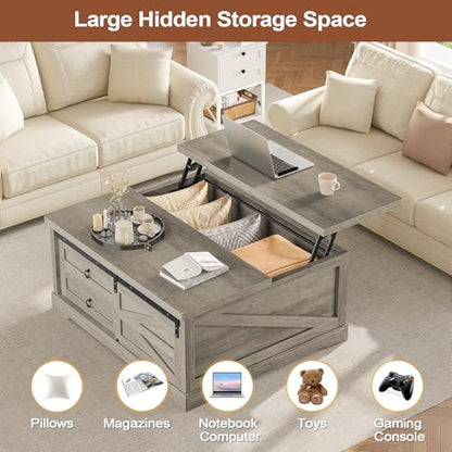 Itaar 39.4'' Lift Top Coffee Table with Storage, Farmhouse Coffee Tables for Living Room, Square Coffee Table with Large Hodden Compartment & 2 Drawrs & Adjustables Shelves (Gray) - color: Grey