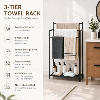 16.9" W Freestanding Towel Rack with Black Wood Shelf | 3 Tier Blanket Ladder Stand for Bathroom Living Room, Metal Frame,31.5"H x 16.9"W x7.9"D - color: Black, size: 31.5"H x 16.9"W x7.9"D