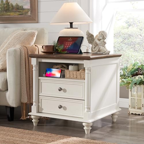 T4TREAM 24" Farmhouse Nightstands with 2 Drawers, Antique White | 4 Solid Wood Feet, Charging Station, Tall Rustic Wood Square, Sofa Side Table, Living Room, Bedroom - color: Antique White