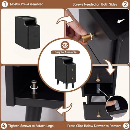Nightstand with Drawers Set 2, Pre-Assembled, 19.7" H Natural Solid Wood Night Stand with Open Sliding Shelf, Mid Century Modern Small Bedside Table Cabinet for Bedroom, Black 8" - color: Black-2pack, size: 8"