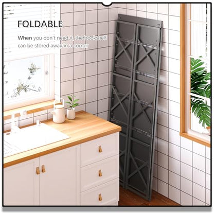 4NM 6 Tiers No Assembly Book Shelves, 61.8" H Folding Bookshelf Bookcase Open Industrial Foldable Shelves for Bedroom, Living Room, Home Office - All Black - color: All Black, size: XX 6-Tier
