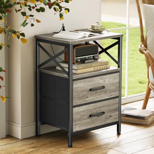 Huuger Nightstands Set of 2, Night Stand with Charger Station, 2 Drawer Side Table with Open Shelf, USB-C Port, End Table for Small Spaces, X Shaped Side Rail, Oak - color: Oak