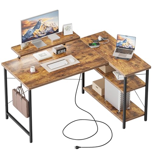 48 in Corner Desk with Monitor Stand, Small L Shaped Gaming Desk | Reversible Computer Desk with Power Outlets, LED Light & Storage Shelves, Office Table for Home Bedroom Study Work Writing - color: Brown, size: 48 inch