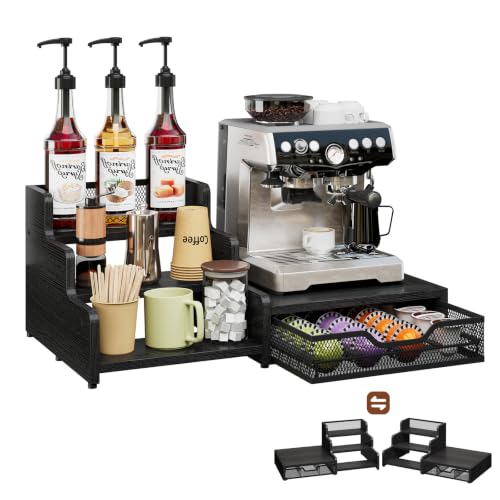 Coffee Station Organizer Compatible with Nespresso Vertuo Pods, Holds 48 Small or 32 Large Pods, 3-Tier Coffee Bar Organizer with K-Cup Holder, Coffee Pod Drawer & Syrup Cups Rack for Accessories - color: Vertuo – Black