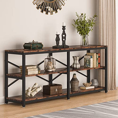 Tribesigns 70.9 Inch Extra Long Console Table, Modern Sofa Table Behind Couch Table with Storage Shelves, 3-Tier Industrial Hallway Entryway Table for Living Room, 3 Shelf Bookshelf(Brown) - color: Brown