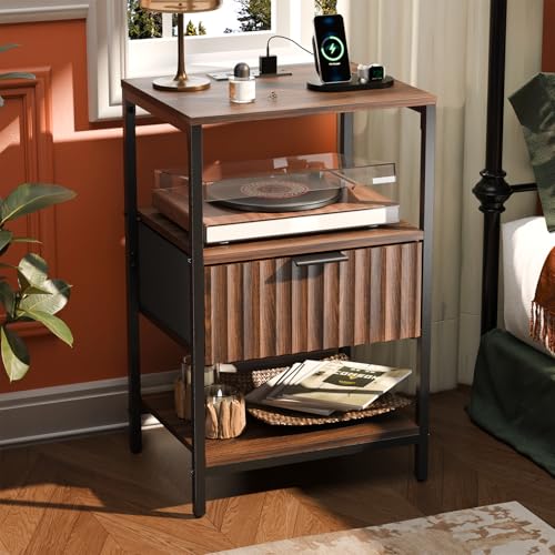 VINGLI Nightstand with Charging Station and Fabric Drawer, Walnut Nightstand Fluted with Drawer, Bedside Table/End Table with Charger Station, Side Table Bedroom, Small Night Stand Dark Walnut, 1 pc - color: Walnut, size: 15"W-1 Drawer 2 Shelf