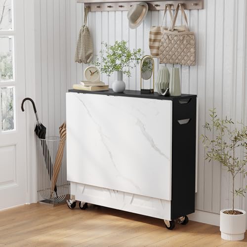 White Marble Mobile Folding Dining Table - 6-Wheel Rolling Kitchen Cart with Storage, Drop Leaf Design for Small Spaces, Suitable for Kitchen, Dining Room, Apartment - color: Black