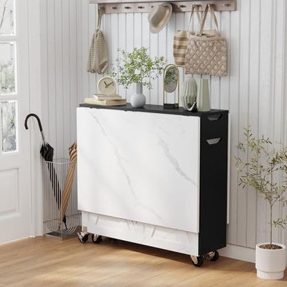 White Marble Mobile Folding Dining Table - 6-Wheel Rolling Kitchen Cart with Storage, Drop Leaf Design for Small Spaces, Suitable for Kitchen, Dining Room, Apartment - color: Black