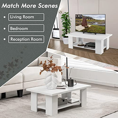Tangkula 2-Tier Coffee Table, Modern Rectangular Center Cocktail Table with 5 Support Legs, Wooden Accent Living Room Furniture, Small Coffee Table for Small Spaces, Easy Assembly (White) - color: White