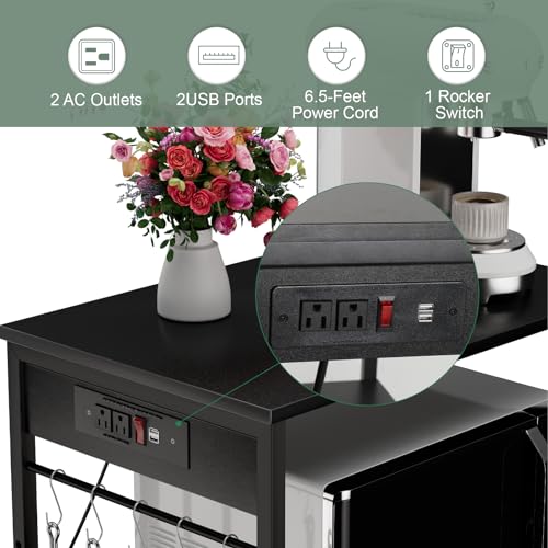 Bakers Rack with Power Outlet Black Coffee Station Cart Table on Wheels Microwave Stand Table with Storage Shelf for Kitchen Living Room Bedroom - color: Black