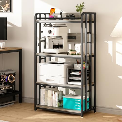 METYERRY Adjustable 4-Tier Heavy Duty Kitchen Baker's Rack with Power Outlet, with Industrial Wheels, Free Standing Microwave Oven Cart Stand for Storage in Living Room, Garage, Greige - color: Greige