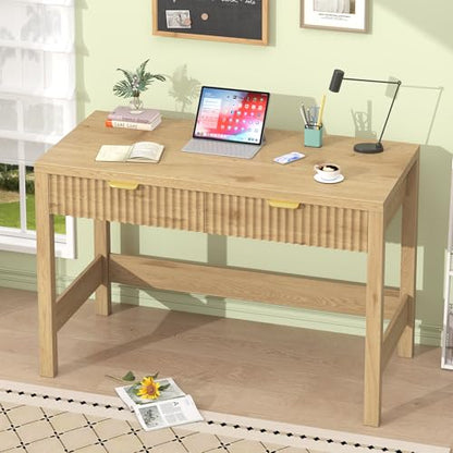 YOMILUVE Fluted Computer Desk with 2 Drawers, 39 Inch Small Computer Desk with Storage, Compact Writing Study Desk for Small Spaces - color: Oak