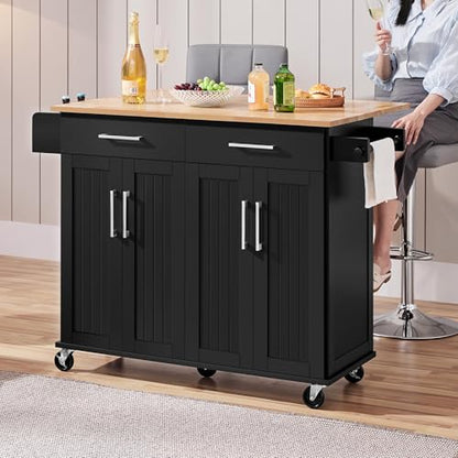 Yaheetech Kitchen Island Cart with Drop Leaf, 49" Rolling Island Table with Storage, Drawer, Kitchen Cart with Rubberwood Top, Detachable Towel & Spice Rack, Black