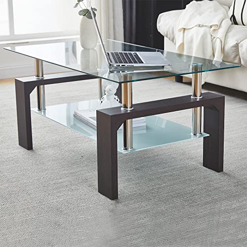 Btrpily Walnut Rectangular Coffee Table, 39.5in x 23.5in x 17.5in, Glass Tabletop with Lower Shelf, Adjustable Bottom Corners - color: Walnut